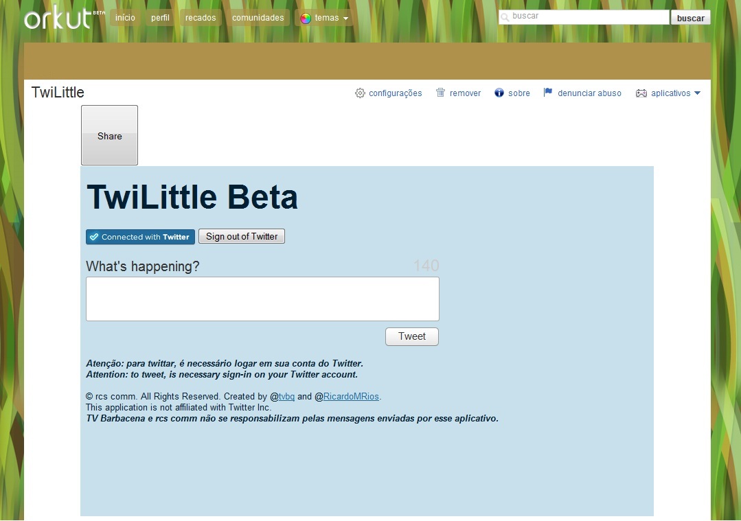 Screenshot do TwiLittle rodando no Orkut novo; versão antiga também roda o aplicativo.